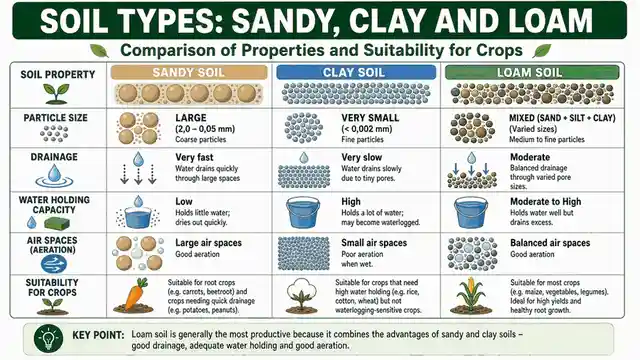 Sandy, clay and loam soils