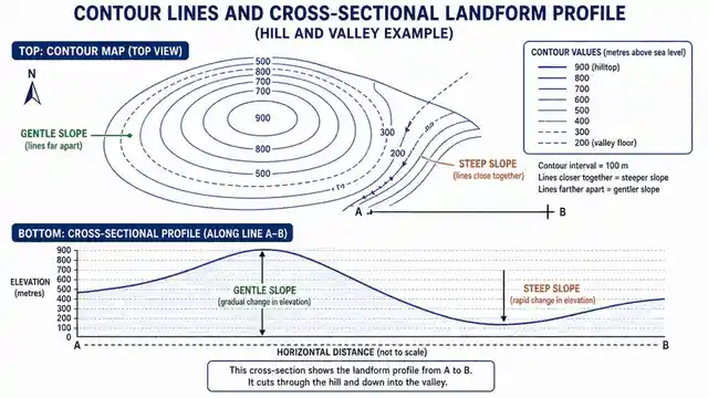 Contour lines and a cross-section