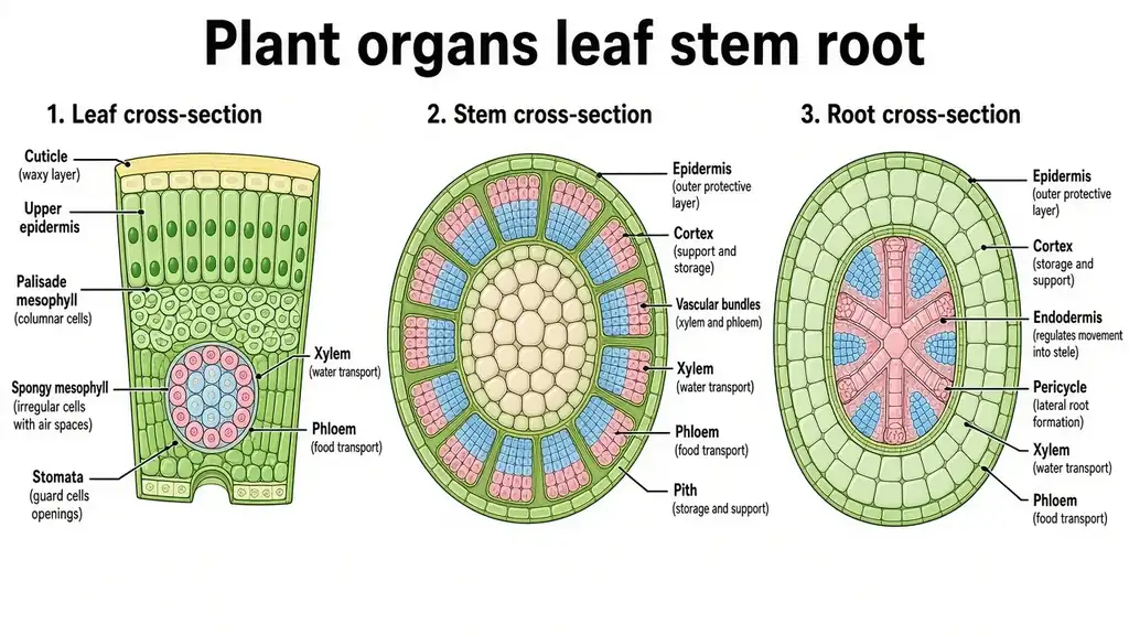 Plant organs: leaf, stem, root